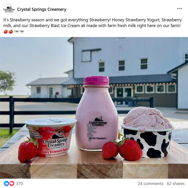 Facebook post by Crystal Springs Creamery